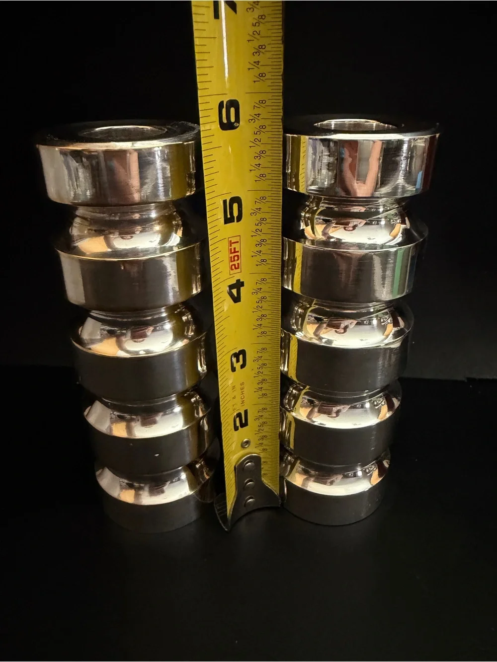 MCM Industrialist Brutalist Candlesticks Silver Plated Heavy Segmented Cylinders